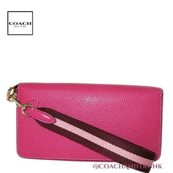 COACH Leather Long Zip Around Phone Wallet Detachable Sporty Strap Bold Pink NWT - Picture 2 of 9